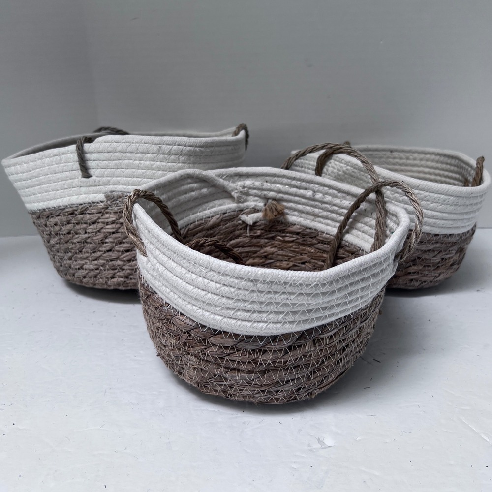 Set of 3 Woven Hanging Baskets White Brown Cotton‎ Rope Seagrass Boho Decor READ